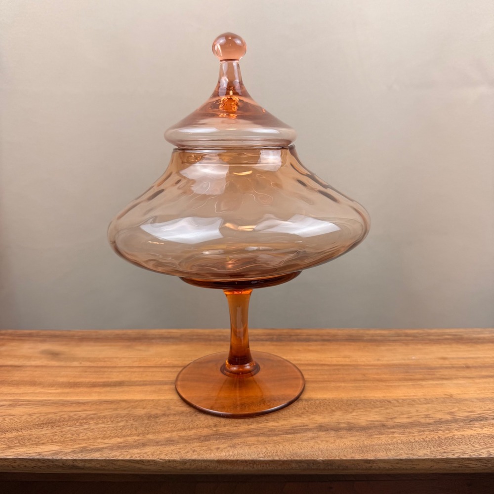 Vintage Peach Empoli Glass Apothecary Jar Pedestal Candy Dish with Lid Italy 10"
